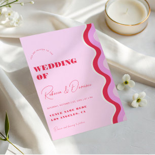Invitación Boda de código QR de ondas retro en negrita rosa y