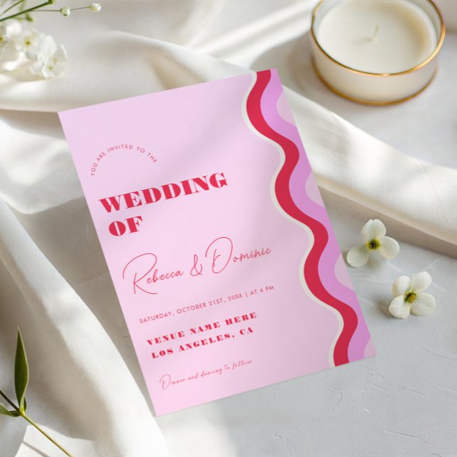 Invitación Boda de código QR de ondas retro en negrita rosa y (Subido por el creador)