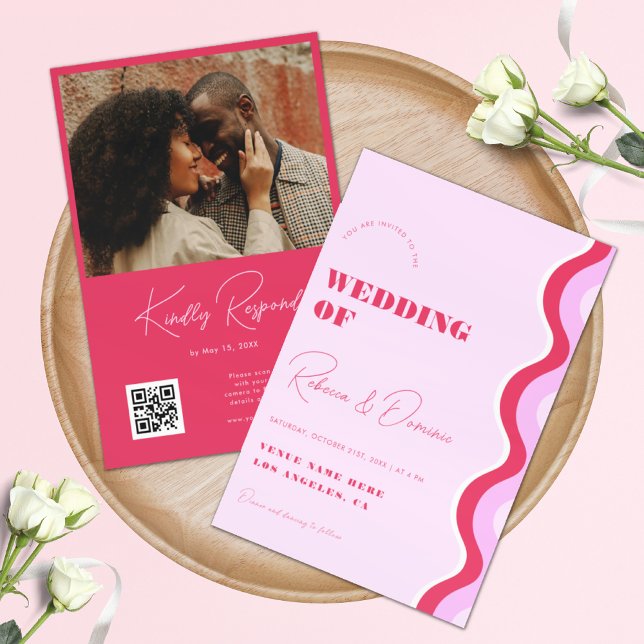 Invitación Boda de código QR de ondas retro en negrita rosa y (Subido por el creador)