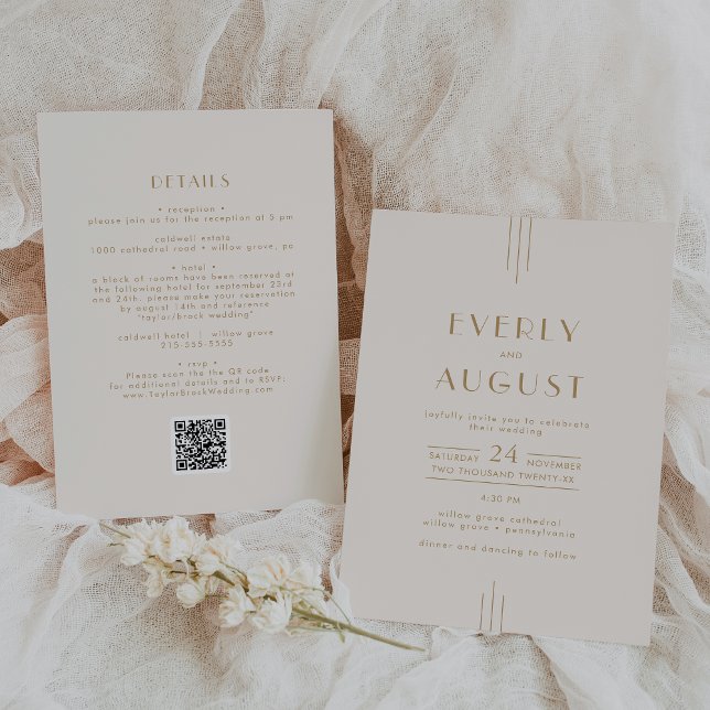 Invitación BODA de código QR de oro de crema de estilo Art De (EVERLY Vintage Art Deco Cream Gold QR Code Wedding Invitation)