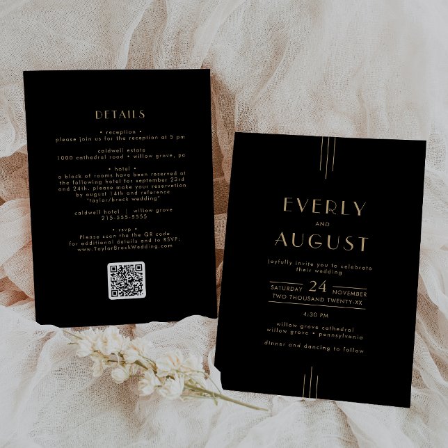 Invitación BODA de código QR de oro negro de estilo Art Déco (EVERLY Elegant Art Deco Black Gold QR Code Wedding Invitation)