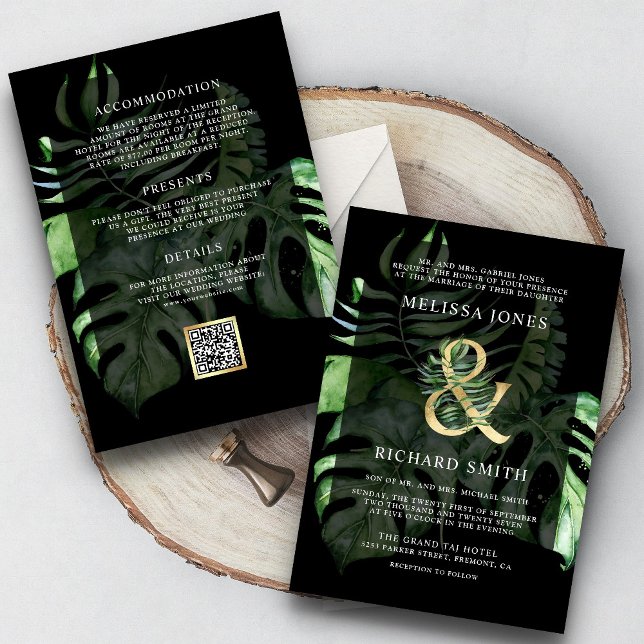 Invitación Boda de código QR de oro tropical Monstera Palm Ne (Subido por el creador)
