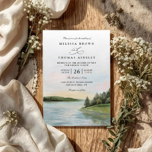 Invitación Boda de código QR de paisaje de lago forestal rúst