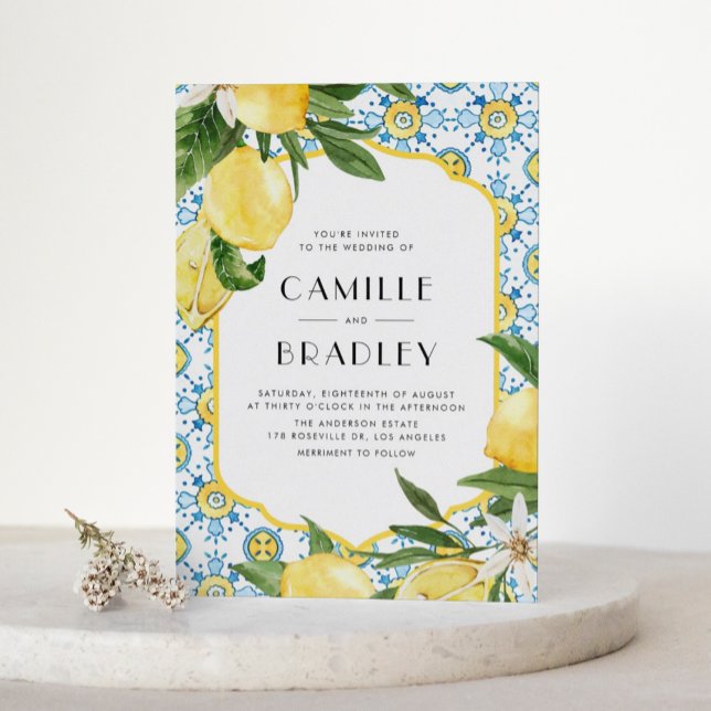 Invitación Boda de código QR de patrón de mosaico marroquí y  (Watercolor Moroccan Tile and Lemon Design Mediterranean QR Code Wedding Invitation)