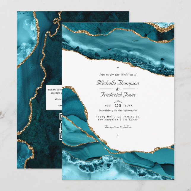 Invitación Boda de código QR de piedra de ágata dorada y turq (Anverso / Reverso)