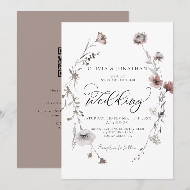 Invitación Boda de código QR de presupuesto neutro de caída f (Anverso / Reverso)