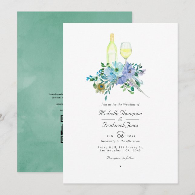 Invitación Boda de código QR de prueba de vino de Boho azul y (Anverso / Reverso)