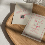 Invitación Boda de código QR de retro colorido a mano<br><div class="desc">Esta invitación a la boda es perfecta para su boda si busca una invitación única y fácil de editar. Una elegante y sencilla invitación a una plantilla de boda rojo y crema minimalista. Que presenta un fondo beige claro. Y el magenta rojo escribió a mano los primeros nombres de novias...</div>