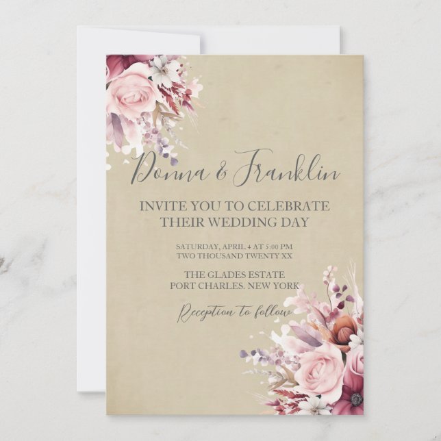 Invitación Boda de código QR de rosa rosado con polvo de foto (Anverso)