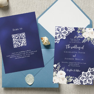 Invitación Boda de código QR de rosas blancas azules de la ma