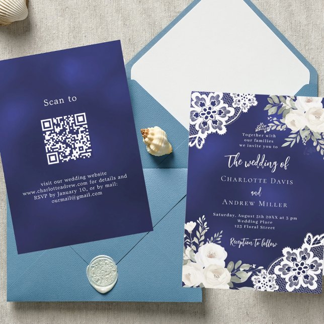 Invitación Boda de código QR de rosas blancas azules de la ma (Subido por el creador)