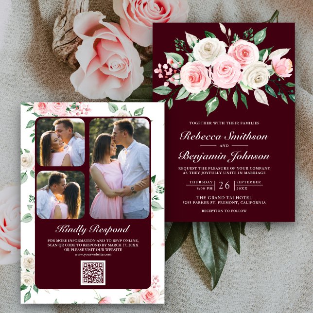 Invitación Boda de código QR de Rubor Floral Borgoña rosa (Subido por el creador)