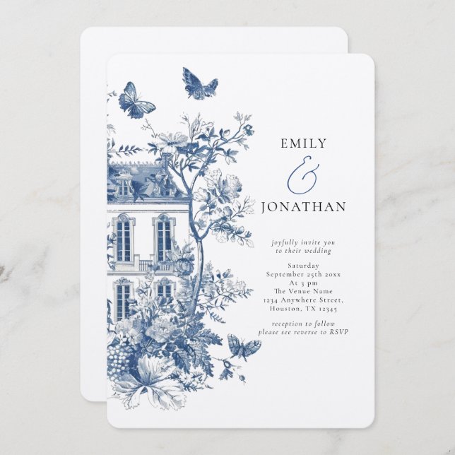 Invitación Boda de código QR de Rustic Blue Toile De Jouy (Anverso / Reverso)