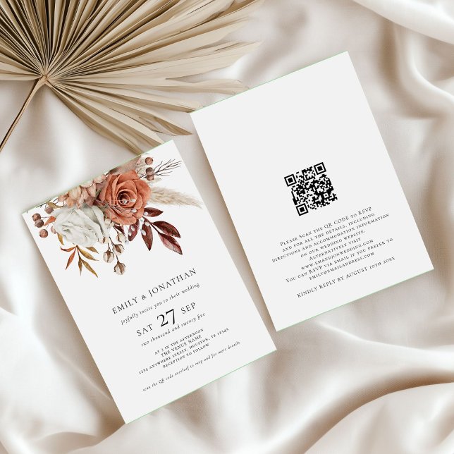 Invitación Boda de código QR de Rustic Boho Terracotta Floral (front and back view)