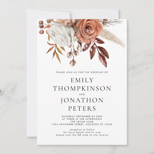 Invitación Boda de código QR de Rustic Terracotta Florals (Anverso)