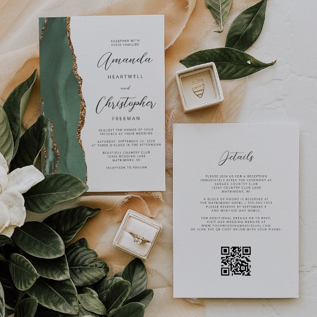 Invitación Boda de código QR de Sage Green Gold Agate (Subido por el creador)