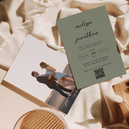 Invitación Boda de código QR de Sage Green y Black Script Pho