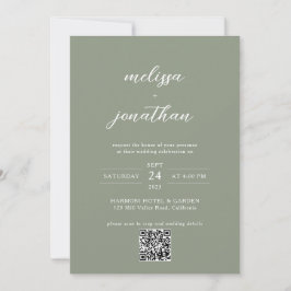 Invitación Boda de código QR de Sage Green y White Script