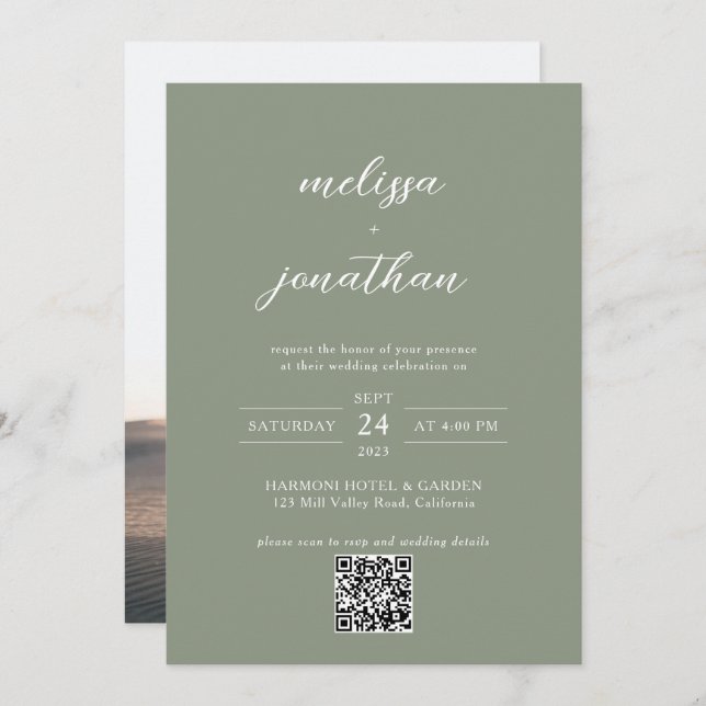 Invitación Boda de código QR de Sage Green y White Script (Anverso / Reverso)