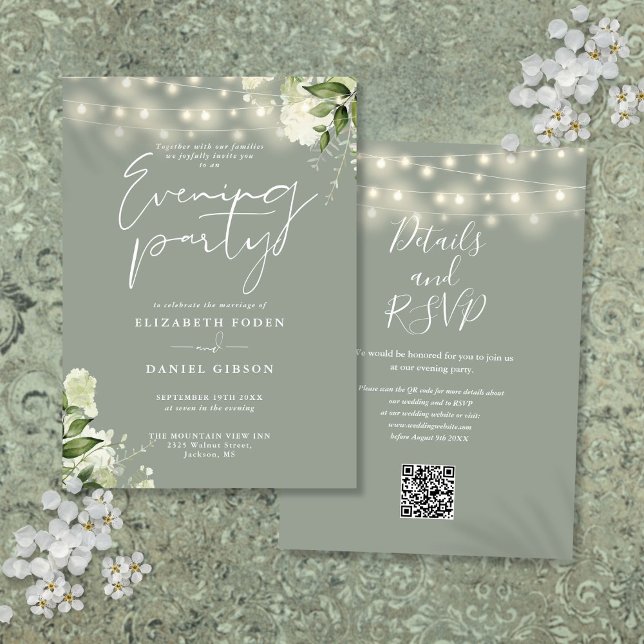 Invitación Boda de código QR de Sage Greenery Fiesta de noche (Sage Greenery QR Code Wedding Evening Party Invitation)