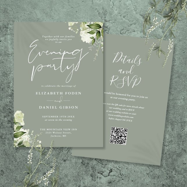 Invitación Boda de código QR de Sage Greenery Floral Fiesta d (Sage Greenery Floral QR Code Wedding Evening Party Invitation)