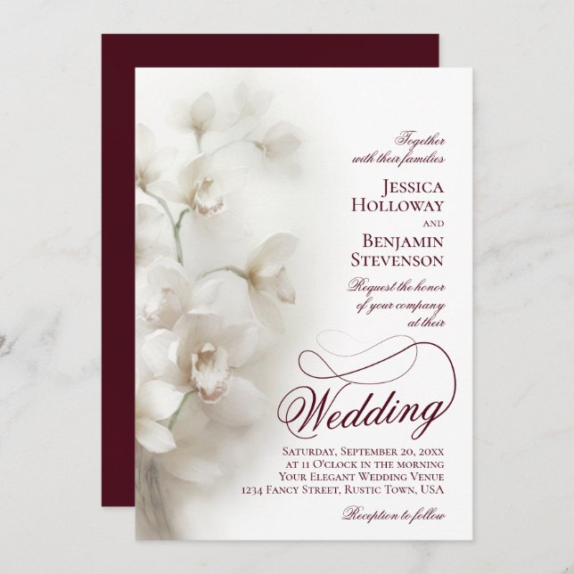 Invitación Boda de código QR de script de brillo de orquídeas (Anverso / Reverso)
