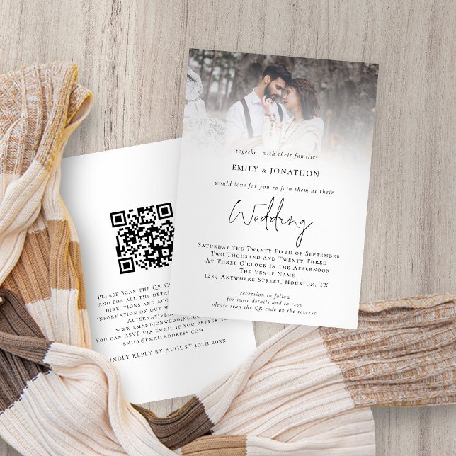 Invitación Boda de código QR de script de superposición de fo (Front and back view. Available digitally and printed. Part of a large matching wedding suite)