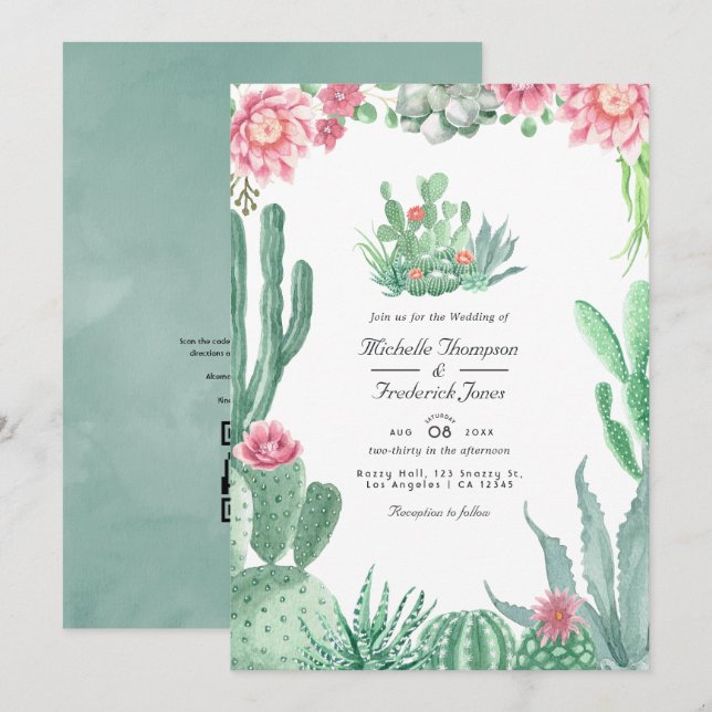 Invitación Boda de código QR de suculentas de acuarela RSVP (Anverso / Reverso)