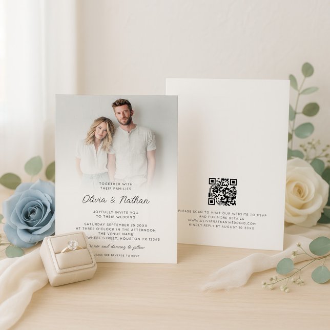 Invitación Boda de código QR de superposición de foto minimal (Front and back view)