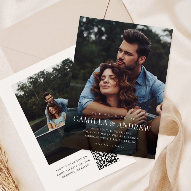 Invitación Boda de código QR de superposición de foto simple (Simple typography overlay photo wedding invitation with QR code rsvp on the back.)