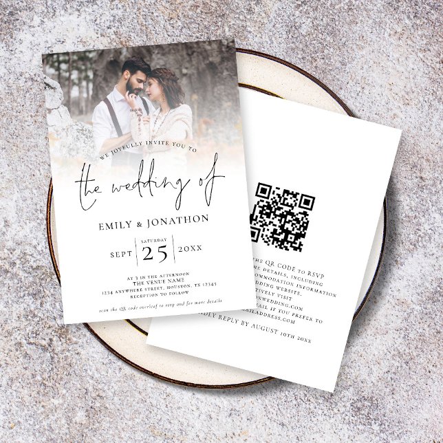 Invitación Boda de código QR de superposición de fotografía d (Front and back view. Available printed or as a digital download)