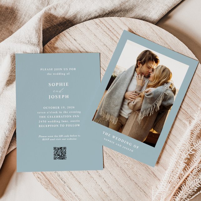 Invitación Boda de código QR de texto y foto elegante azul en (Subido por el creador)