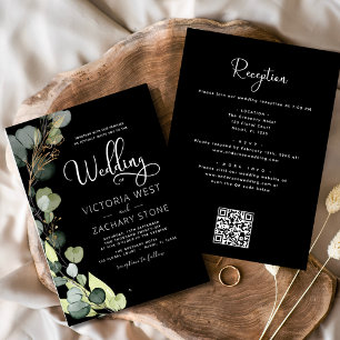 Invitación Boda de código QR de todo negro en un eucalipto