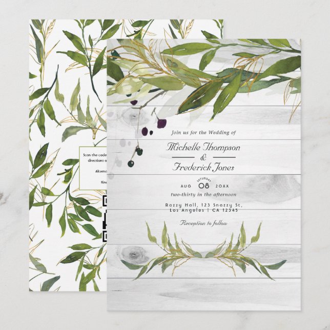 Invitación Boda de código QR de vegetación acuarela rústica c (Anverso / Reverso)