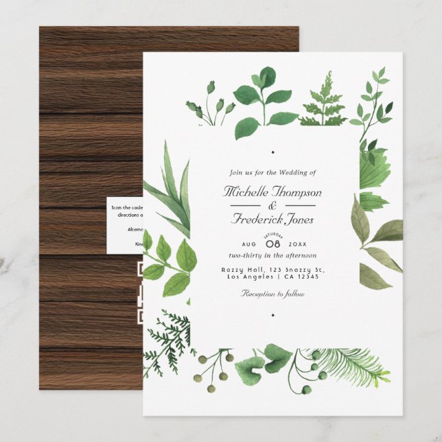 Invitación Boda de código QR de vegetación de granero rústico (Anverso / Reverso)