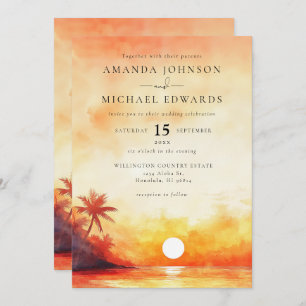 Invitación Boda de código QR de Watercolor Beach Naranja Suns