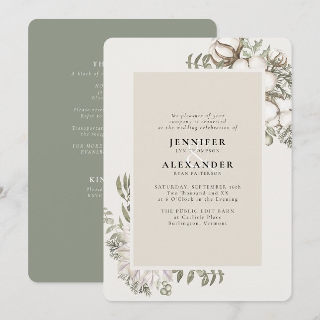 Invitación Boda de código QR de Winter Greenery Floral Green  (Anverso / Reverso)