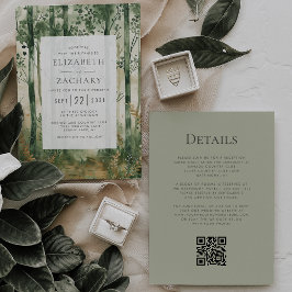 Invitación Boda de código QR de Woodland Green Gold Rústico