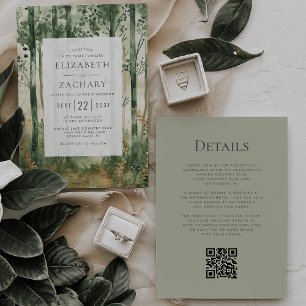 Invitación Boda de código QR de Woodland Green Gold Rústico
