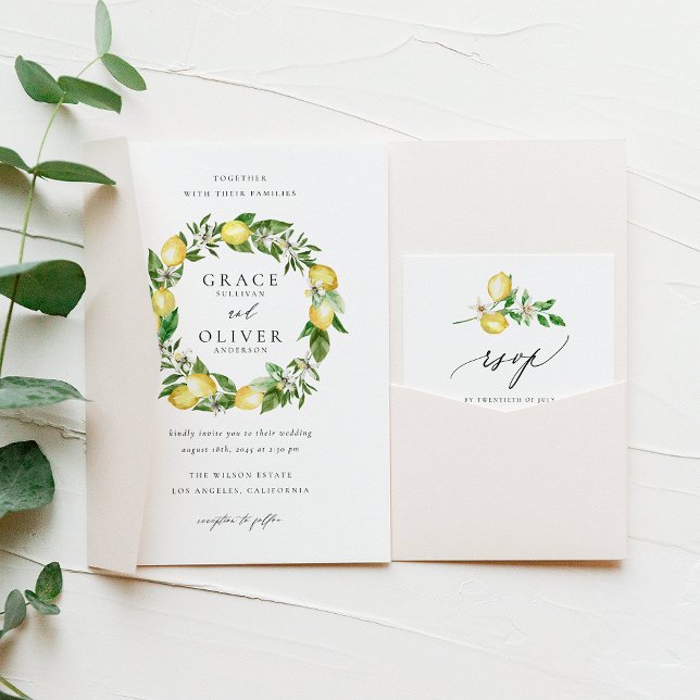 Invitación Boda de código QR de Wreath Wreath de vegetación d (Fresh and elegant watercolor lemon wedding invitation and RSVP card for a nature-inspired weddings.)
