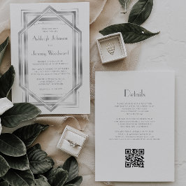 Invitación Boda de código QR deco de color blanco plateado de