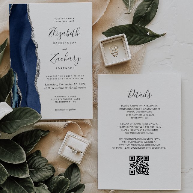 Invitación Boda de código QR del Agate Blue Silver de la Mari (Subido por el creador)