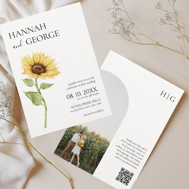 Invitación Boda de código QR del Arco de la foto del girasol  (Sunflower wedding invitation photo qr code arch)