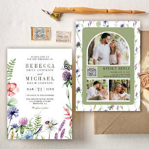 Invitación Boda de código QR del Collage de fotos Boho Wildfl