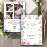 Invitación Boda de código QR del Collage de fotos floral de p<br><div class="desc">Sorprenda a sus invitados con esta elegante invitación de boda con flores hermosas y tipografía moderna con el código QR para RSVP en línea. Simplemente agregue los detalles de su evento en esta plantilla fácil de usar y adorne esta tarjeta con sus fotos favoritas para convertirla en una invitación única....</div>