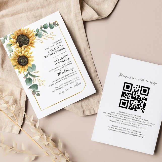 Invitación Boda de código QR del Eucalyptus del girasol flora (Floral Sunflower Eucalyptus QR Code Script All-in-One Wedding Invitation)