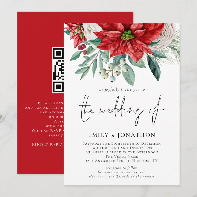 Invitación Boda de código QR del follaje de Winter Poinsettia (Anverso / Reverso)