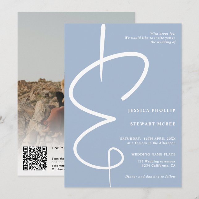 Invitación Boda de código Qr del guión azul del hielo de la i (Anverso / Reverso)