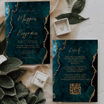 Invitación Boda de código QR del guión moderno del agato azul<br><div class="desc">Esta elegante invitación a la boda presenta una imagen de fondo de la verde azulada agate azul color agua recortada con falso purpurina de oro. El texto del personalizable combina la escritura a mano moderna de color dorado, el copperplate y las tipografías cursivas. El reverso proporciona espacio para los detalles...</div>