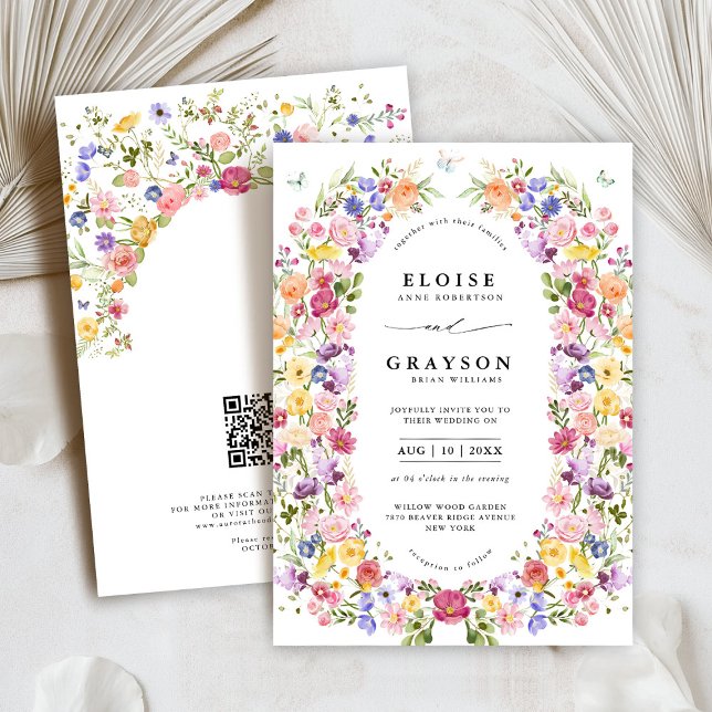 Invitación Boda de código QR del jardín de flores silvestres  (Colorful Spring Wildflower Meadow Garden QR Code Wedding Invitation)